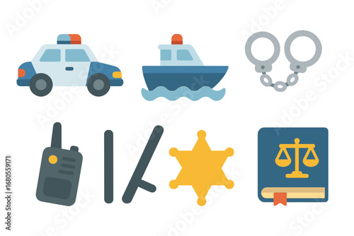 Children's Law Icons. Flat vector mini-illustrations enforcement in colors children's illustrations: police car, patrol boat,