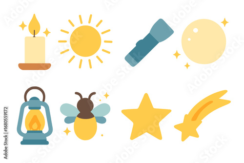 Children's Light Icons. Flat vector mini-illustrations hope and light in colors children's illustrations: candle flame, sunbeam,