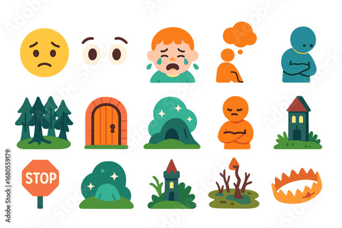 Children's Illustration Mood Grid. Flat vector mini-illustrations emotional hardship in colors children's illustrations: sad face,