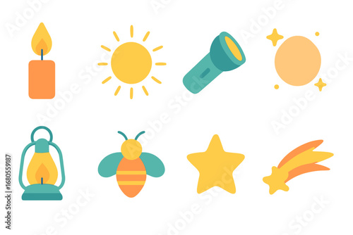 Children's Light Icons. Flat vector mini-illustrations hope and light in colors children's illustrations: candle flame, sunbeam,