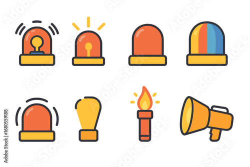 Children's Light Icons. Flat vector mini-illustrations beacon light signals in colors children's illustrations: rotating light,