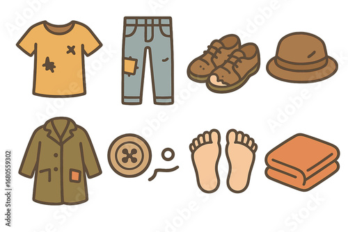 Children's Poverty Icons. Flat vector mini-illustrations poverty and clothing in colors children's illustrations: torn shirt,