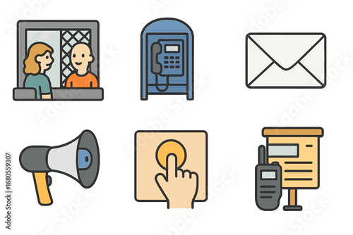 Children's Prison Communication Icons. Flat vector mini-illustrations prison communication in colors children's illustrations: