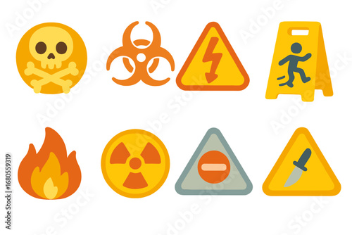 Colorful Safety Icons. Flat vector mini-illustrations danger signs in colors children's illustrations: skull and crossbones,