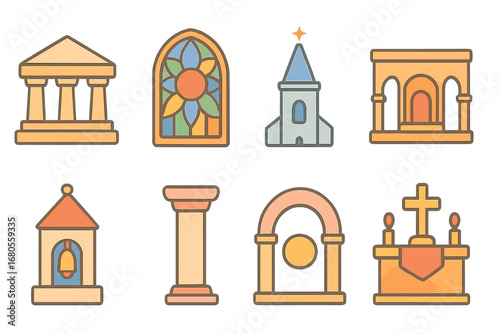 Children's Religious Architecture. Flat vector mini-illustrations reverence in architecture in colors children's illustrations: