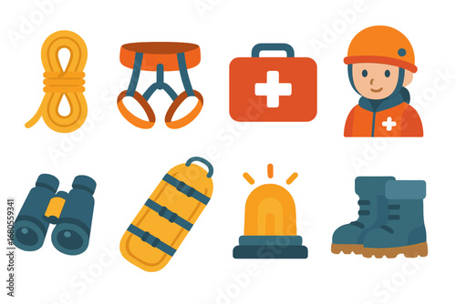 Children's Rescue Icons. Flat vector mini-illustrations mountain rescue in colors children's illustrations: climbing rope, harness