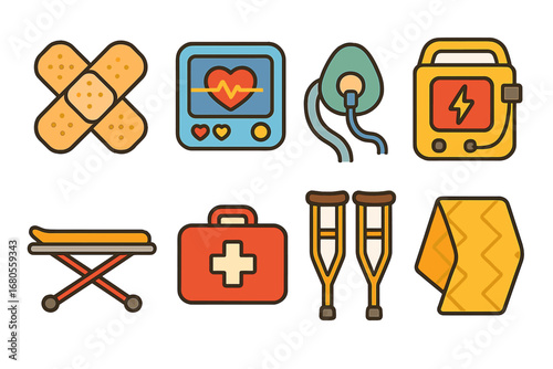 Children's Rescue Icons. Flat vector mini-illustrations rescue and first aid in colors children's illustrations: bandages, heart