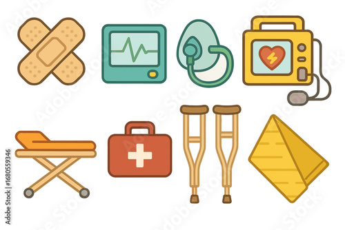Children's Rescue Icons. Flat vector mini-illustrations rescue and first aid in colors children's illustrations: bandages, heart