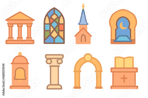 Children's Religious Architecture. Flat vector mini-illustrations reverence in architecture in colors children's illustrations: