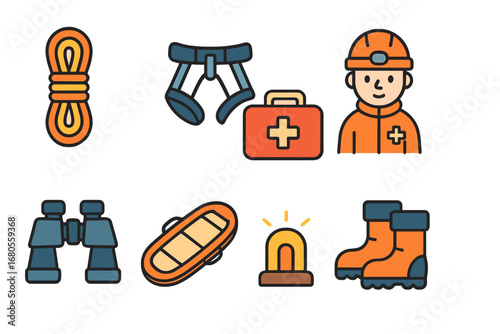 Children's Rescue Icons. Flat vector mini-illustrations mountain rescue in colors children's illustrations: climbing rope, harness
