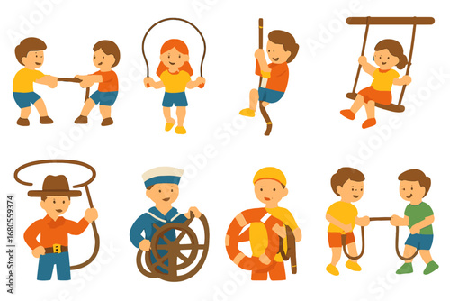Children's Rope Activities. Flat vector mini-illustrations rope activities in colors children's illustrations: tug of war,