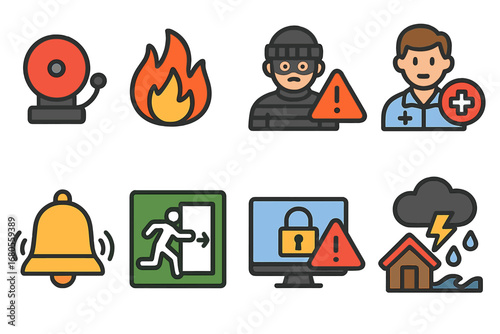 Children's Safety Icons. Flat vector mini-illustrations alarm scenarios in colors children's illustrations: fire emergency,