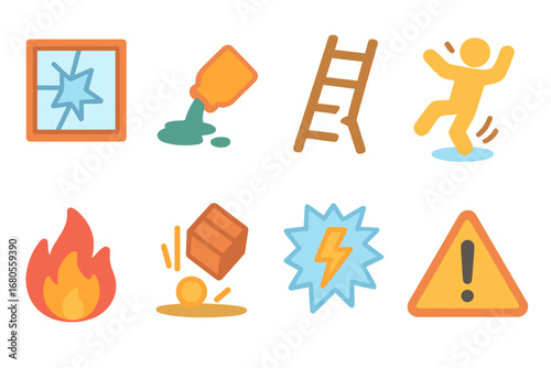 Children's Safety Icons. Flat vector mini-illustrations shock in accidents in colors children's illustrations: broken glass,