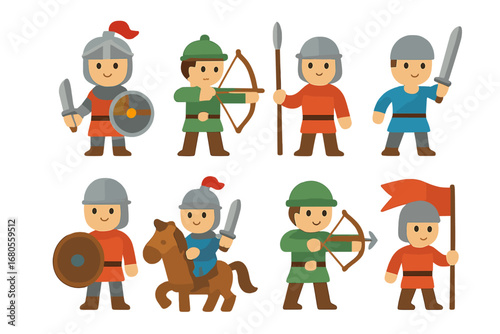 Children's Soldier Icons. Flat vector mini-illustrations soldiers and warriors in colors children's illustrations: knight, archer,