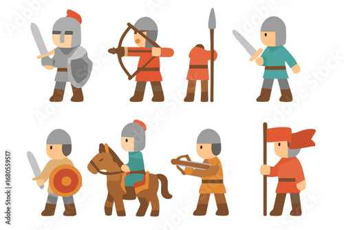 Children's Soldier Icons. Flat vector mini-illustrations soldiers and warriors in colors children's illustrations: knight, archer,