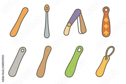 Colorful Shoehorn Illustrations. Flat vector mini-illustrations shoehorn in colors children's illustrations: classic shoehorn,