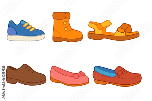 Children's Shoe Icons. Flat vector mini-illustrations shoe types in colors children's illustrations: right sneaker, right boot,