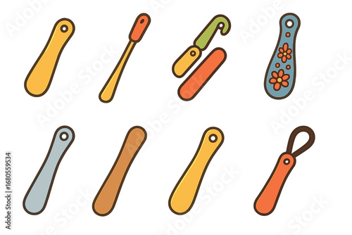 Colorful Shoehorn Illustrations. Flat vector mini-illustrations shoehorn in colors children's illustrations: classic shoehorn,