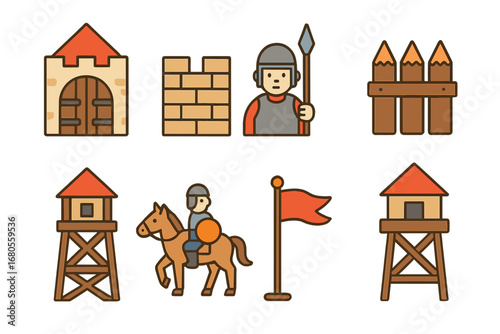 Colorful Siege Icons. Flat vector mini-illustrations catapult targets in colors children's illustrations: castle gate, wall