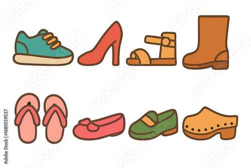 Colorful Shoe Icons. Flat vector mini-illustrations shoe types in colors children's illustrations: sneaker, high heel, sandal,