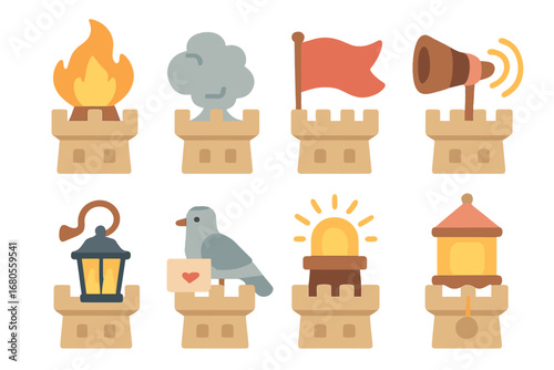 Colorful Signal Tower Icons. Flat vector mini-illustrations defense tower signals in colors children's illustrations: signal fire,