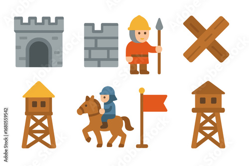 Colorful Siege Icons. Flat vector mini-illustrations catapult targets in colors children's illustrations: castle gate, wall