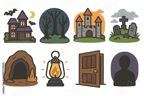 Children's Spooky Illustrations. Flat vector mini-illustrations terror scenes in colors children's illustrations: haunted house,