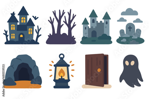 Children's Spooky Illustrations. Flat vector mini-illustrations terror scenes in colors children's illustrations: haunted house,