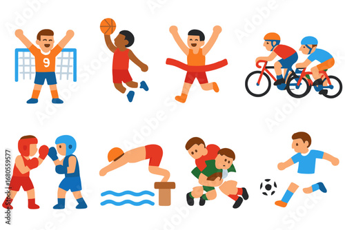 Children's Sports Icons. Flat vector mini-illustrations intense sports moments in colors children's illustrations: goal