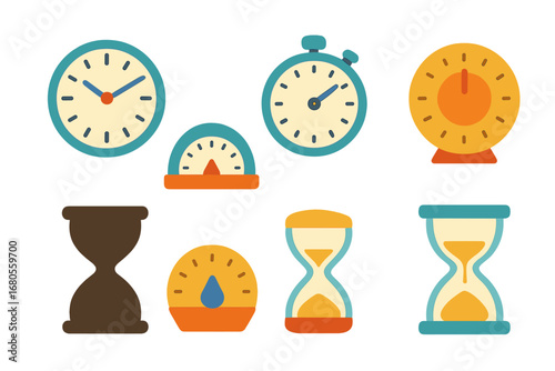 Colorful Timer Icons. Flat vector mini-illustrations volcano hazards in colors children's illustrations: lava bomb, pyroclastic