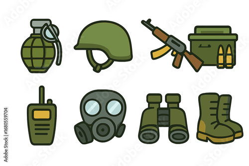 Children's War Equipment Illustrations. Flat vector mini-illustrations war equipment in colors children's illustrations: grenade,