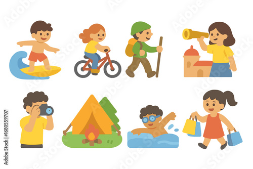 Children's Travel Icons. Flat vector mini-illustrations travel activities in colors children's illustrations: surfing, cycling,