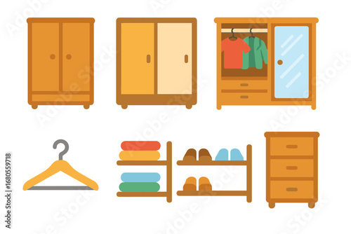 Colorful Wardrobe Icons. Flat vector mini-illustrations wardrobe in colors children's illustrations: wooden wardrobe, sliding door