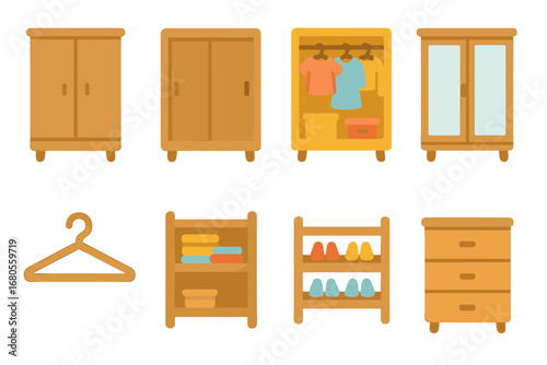 Colorful Wardrobe Icons. Flat vector mini-illustrations wardrobe in colors children's illustrations: wooden wardrobe, sliding door