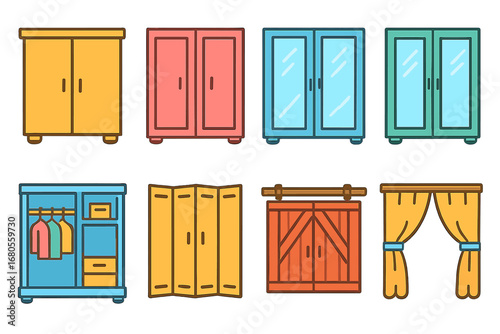 Colorful Wardrobe Doors. Flat vector mini-illustrations wardrobe doors in colors children's illustrations: sliding doors, hinged