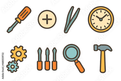 Children's Watch Repair Icons. Flat vector mini-illustrations watch repair in colors children's illustrations: screwdriver, watch