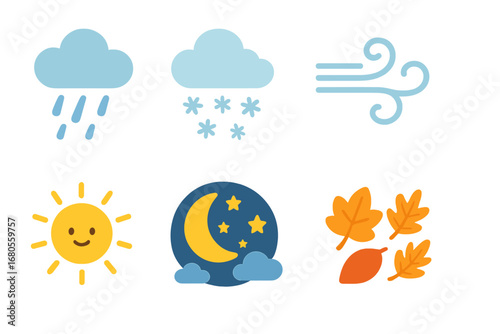 Colorful Weather and Tools. Flat vector mini-illustrations battlements weather effects in colors children's illustrations: rain,