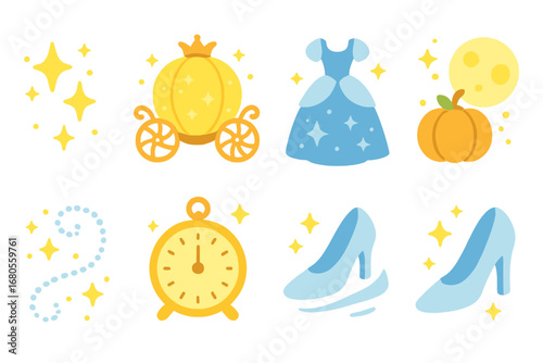 Cinderella's Enchanted Icons. Flat vector mini-illustrations Cinderella’s magical night in colors children's illustrations: