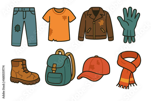 Children's Worn Clothing Icons. Flat vector mini-illustrations clothing wear and tear in colors children's illustrations: hole in