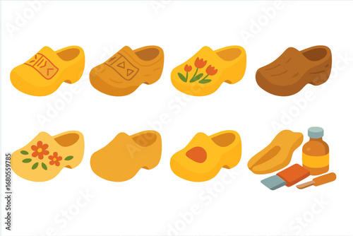 Colorful Wooden Clogs. Flat vector mini-illustrations wooden shoe in colors children's illustrations: traditional Dutch clogs,