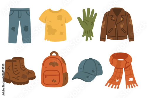 Children's Worn Clothing Icons. Flat vector mini-illustrations clothing wear and tear in colors children's illustrations: hole in