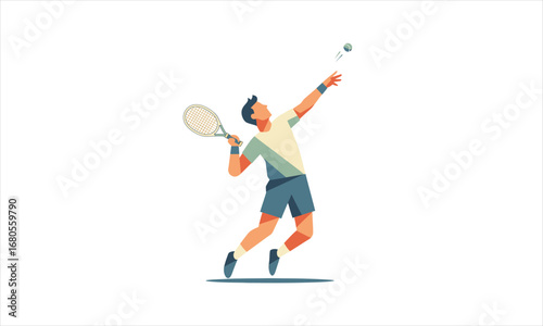 Stylized illustration of a male tennis player in a dynamic serving motion, jumping to hit the ball with a racket.