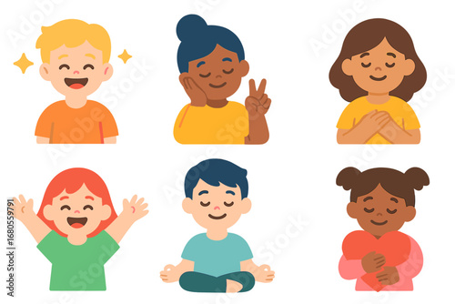 Comfort Emotions Grid. Flat vector mini-illustrations comfort emotions in colors children's illustrations: happiness, relaxation,