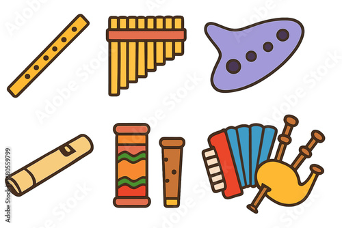 Colorful Wind Instruments Grid. Flat vector mini-illustrations wind instruments in colors children's illustrations: flute,