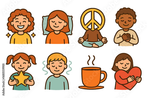 Comfort Emotions Grid. Flat vector mini-illustrations comfort emotions in colors children's illustrations: happiness, relaxation,