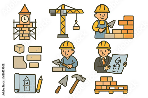 Clock Tower Construction Icons. Flat vector mini-illustrations clock tower construction in colors children's illustrations: