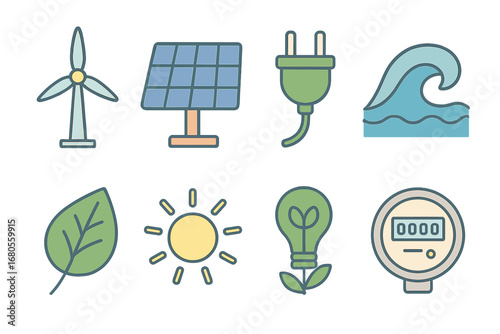 Clean Energy Icons. Flat vector mini-illustrations clean energy in colors children's illustrations: windmill, solar battery,