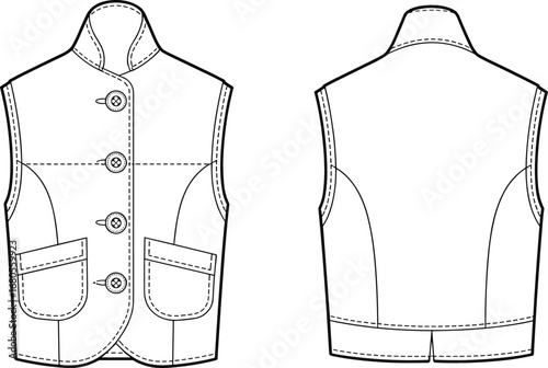 Technical flat sketch of sleeveless vest with high collar, button closure, flap pockets, front and back views for fashion design