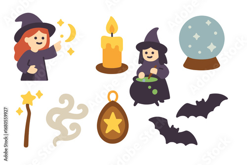 Coven Ritual Icons. Flat vector mini-illustrations coven rituals in colors children's illustrations: witches casting spells,
