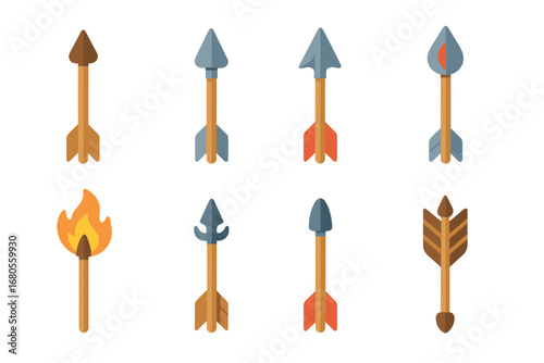 Colored Bolt Icons. Flat vector mini-illustrations crossbow bolts and arrows in colors children's illustrations: wooden bolt,
